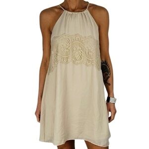 ALYA Women Beige & Lace Fit & Flare Embroidered Fringe Halter Keyhole Size Large